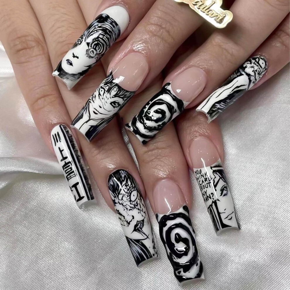 White,Black Halloween Long Coffin Press On Nails Black White Horror Cartoon Glossy Reusable Fake Nails 24Pcs