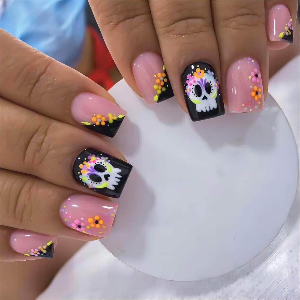 Halloween French Press On Nails Medium Square Fake Nails with Skull and Flower Design 24Pcs