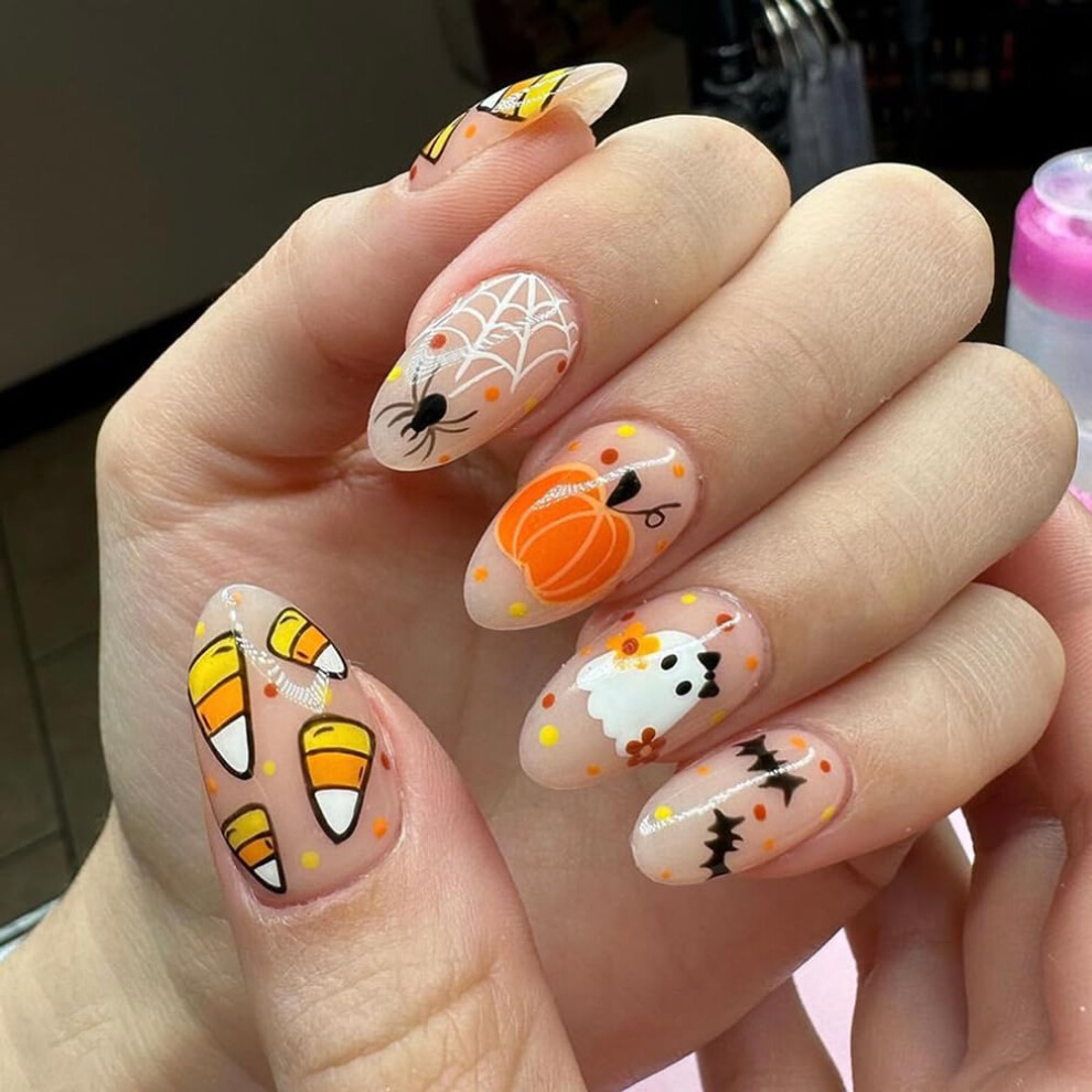 Halloween Almond Press On Nails with Ghost and Pumpkin Designs, Medium Acrylic Fake Nail Set