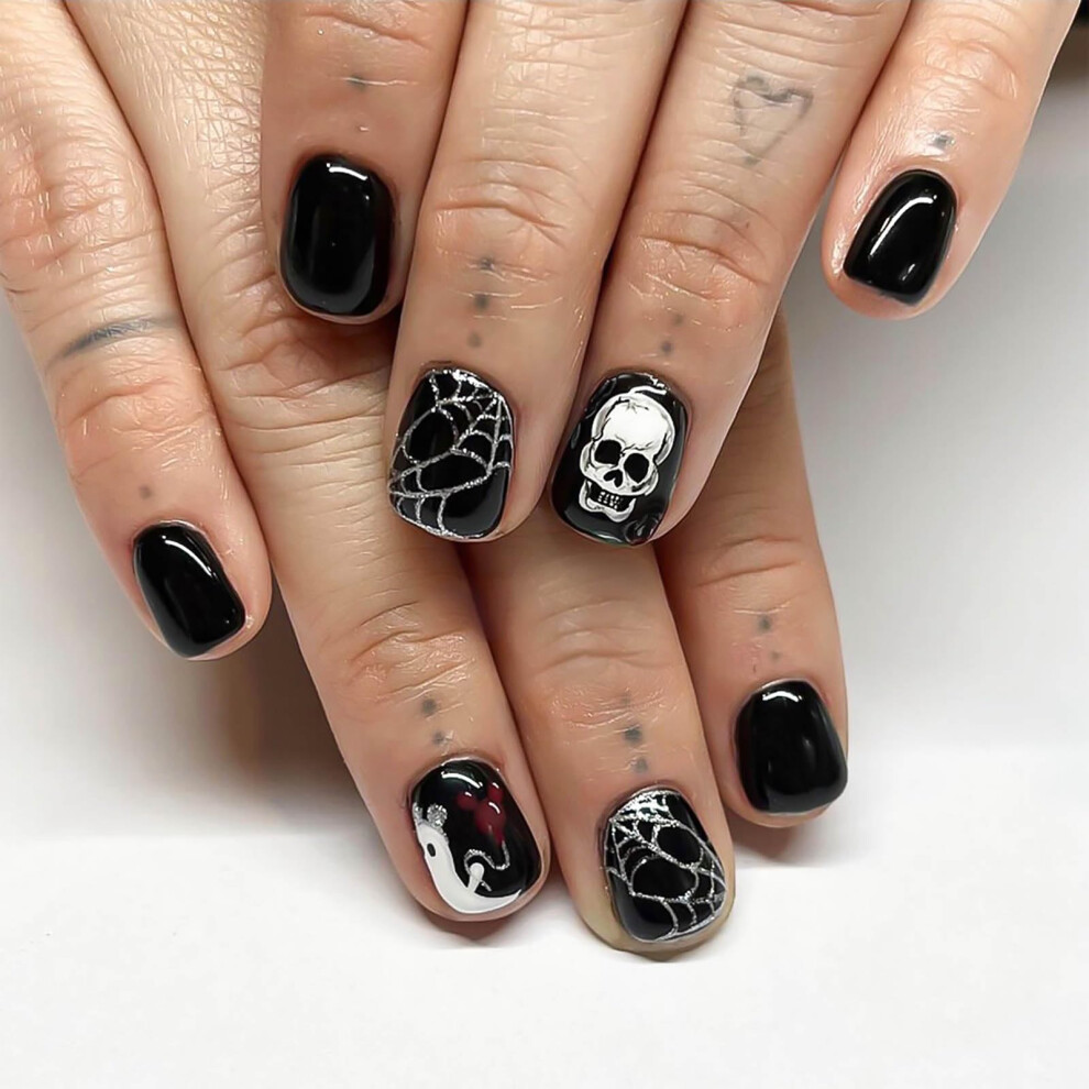 Black Halloween Press On Nails Square Fake Nails With Skull And Glitter Spider Web Design 24Pcs