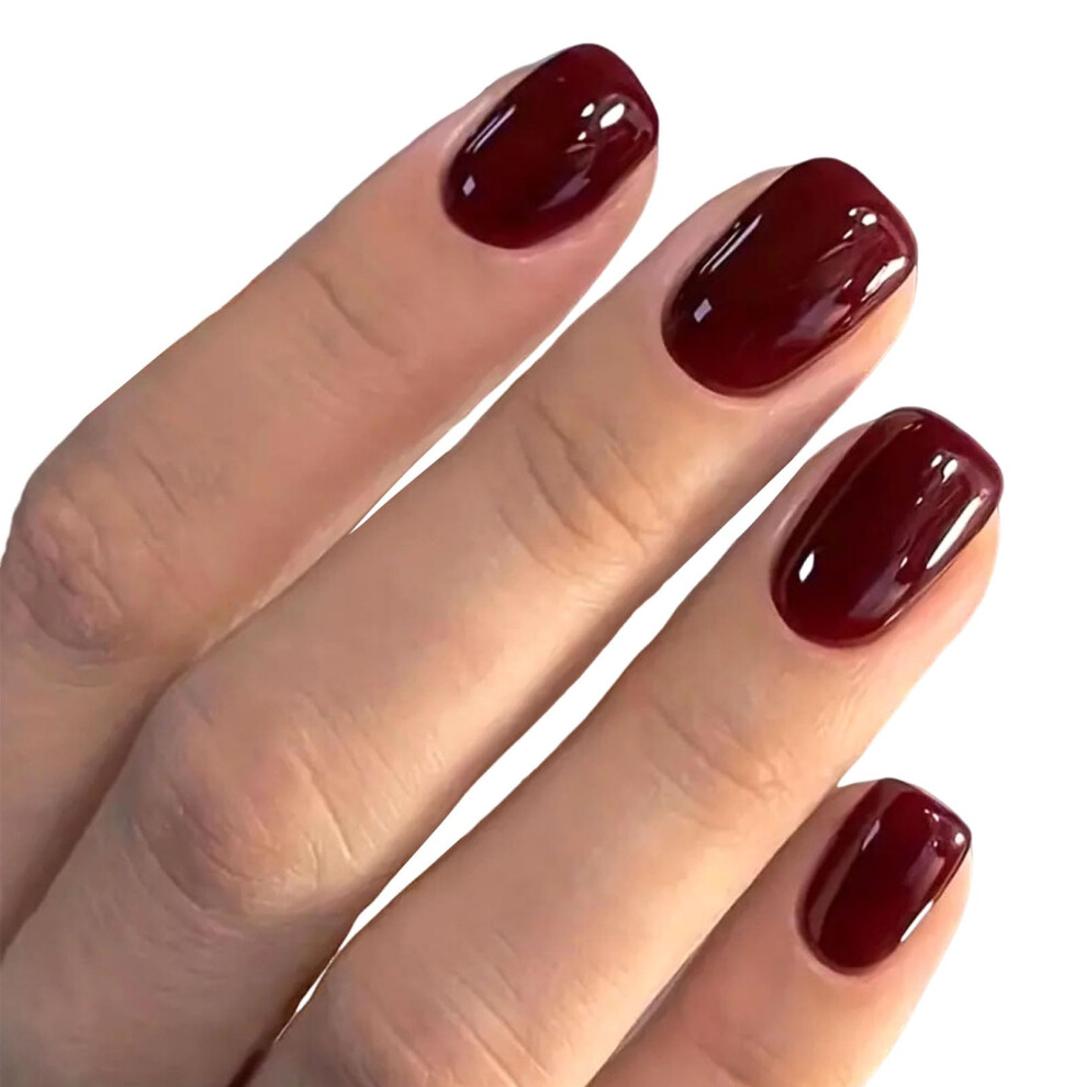 Burgundy Short Press On Nails Square Shape 24Pcs Reusable Fake Nails Kit With Jelly Glue