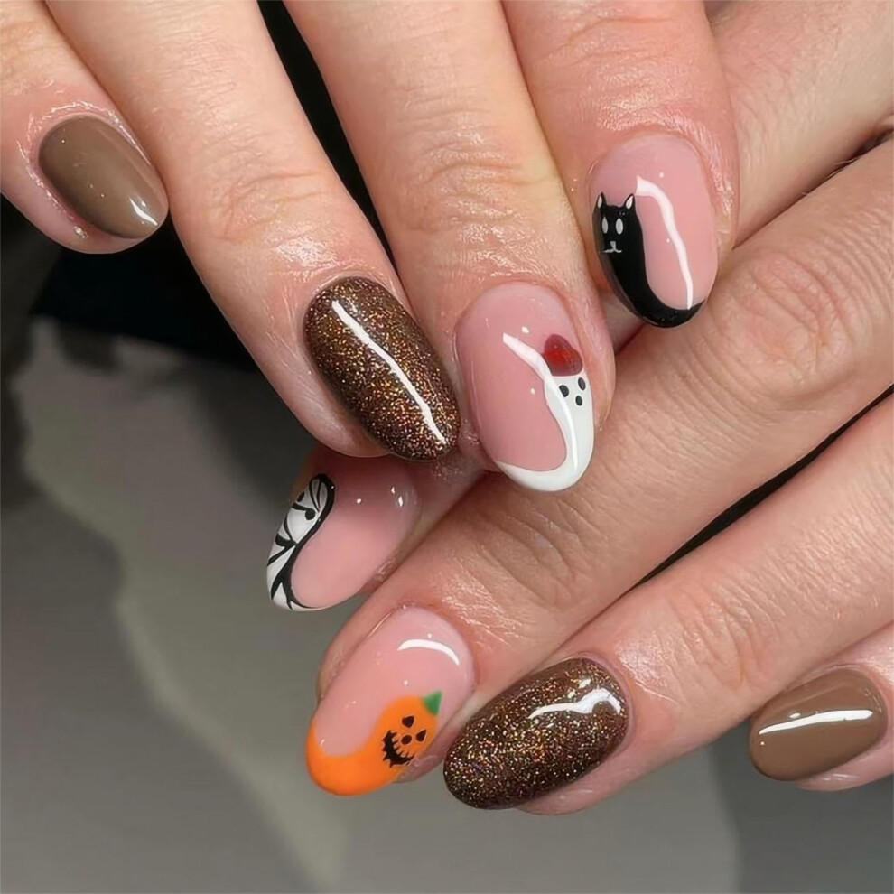 Halloween Press On Nails Short Almond Acrylic False Nails with Glitter Pumpkin Ghost Design 24Pcs