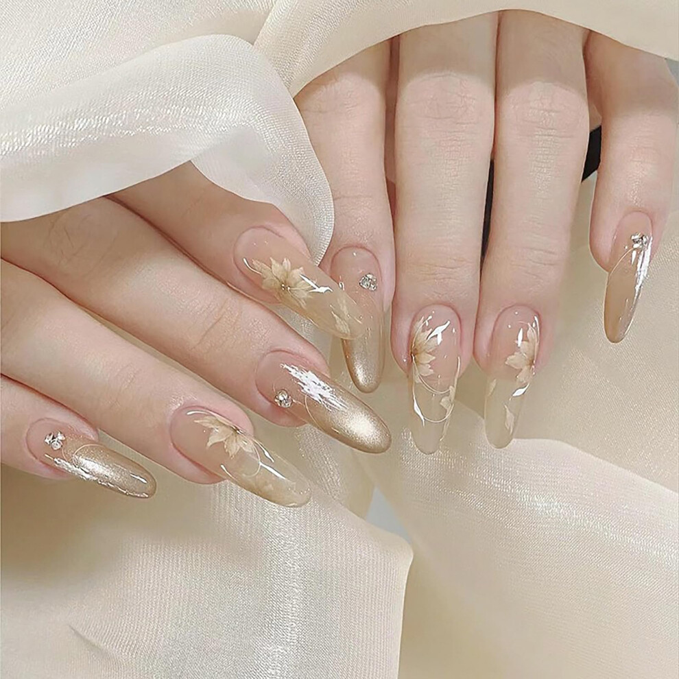 Cream Long Almond Press On Nails With Autumn Leaf Rhinestones Nude Glossy Reusable False Nails 24Pcs