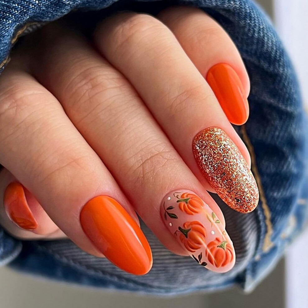 Thanksgiving Press On Nails Pumpkin Design Medium Almond Glossy Fake Nails Reusable Nail Set 24pcs