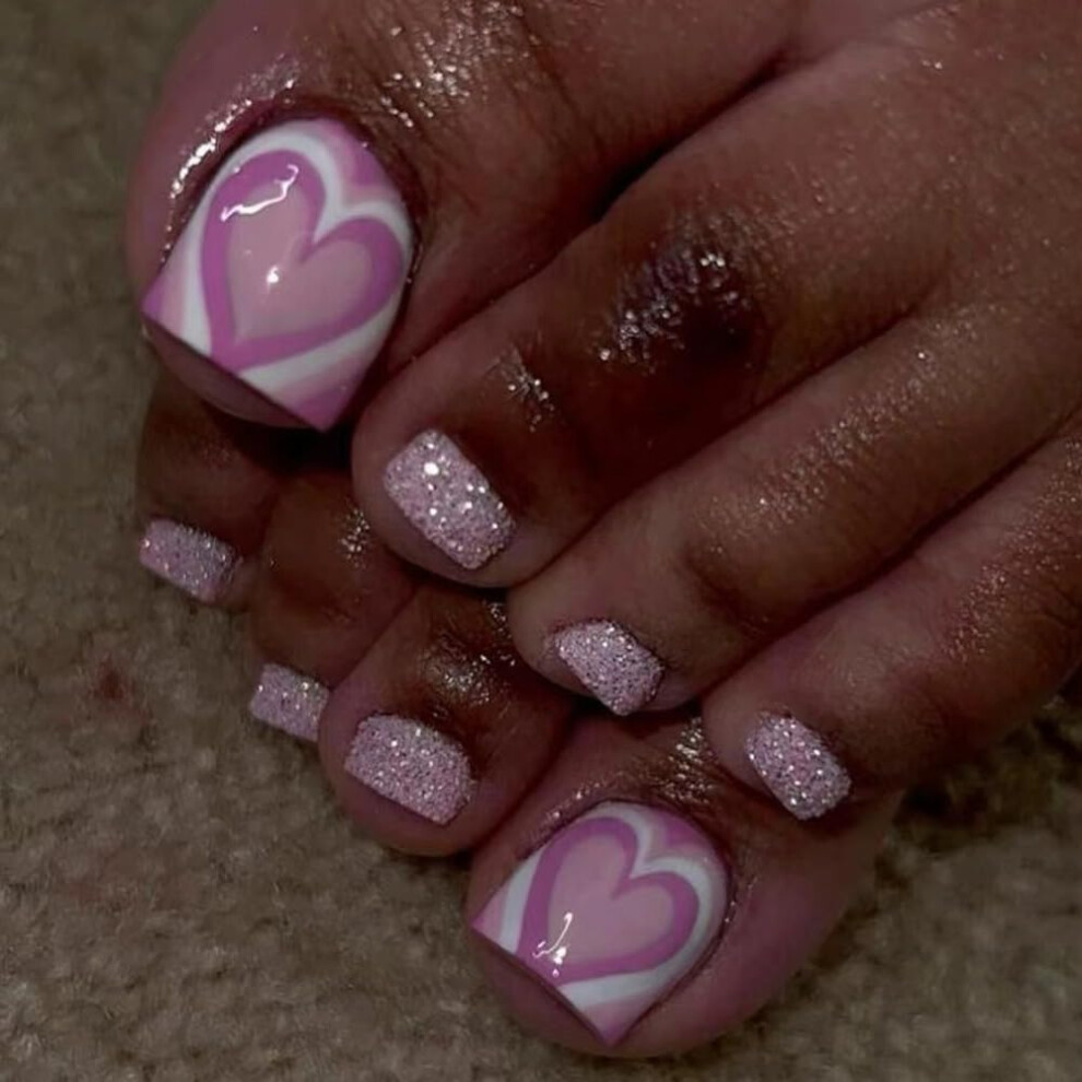 Pink Valentine Press On Toenails With Glue Short Square Fake Toenails Glitter Heart Design 24Pcs