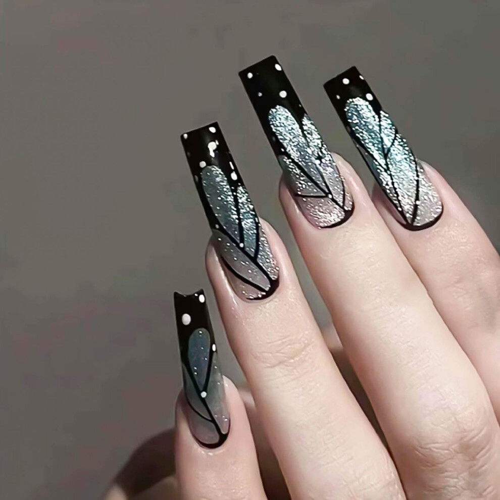 Green Long Coffin Press On Nails French Tip Cat Eye With Glitter Butterfly, Glossy Reusable Fake Nails