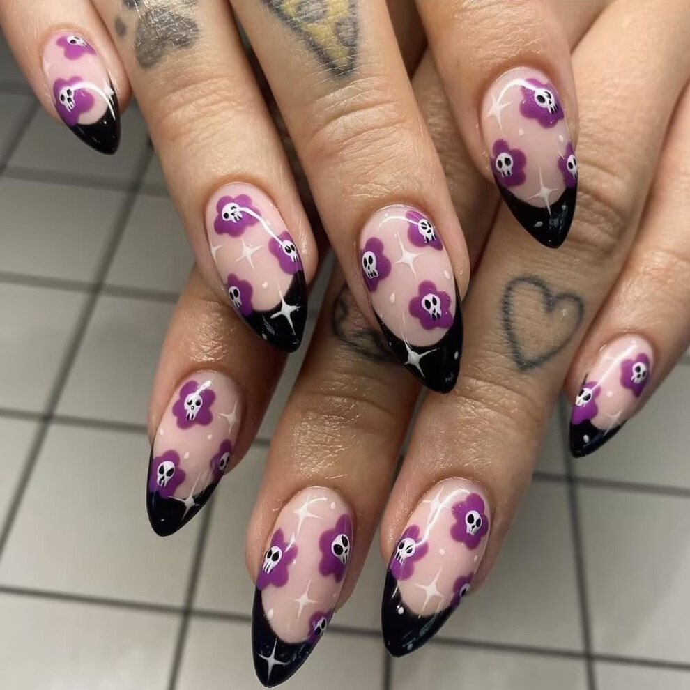 Purple Halloween Press On Nails Medium Almond Fake Nails With Skull And Flower Ghost French Tips 24Pcs