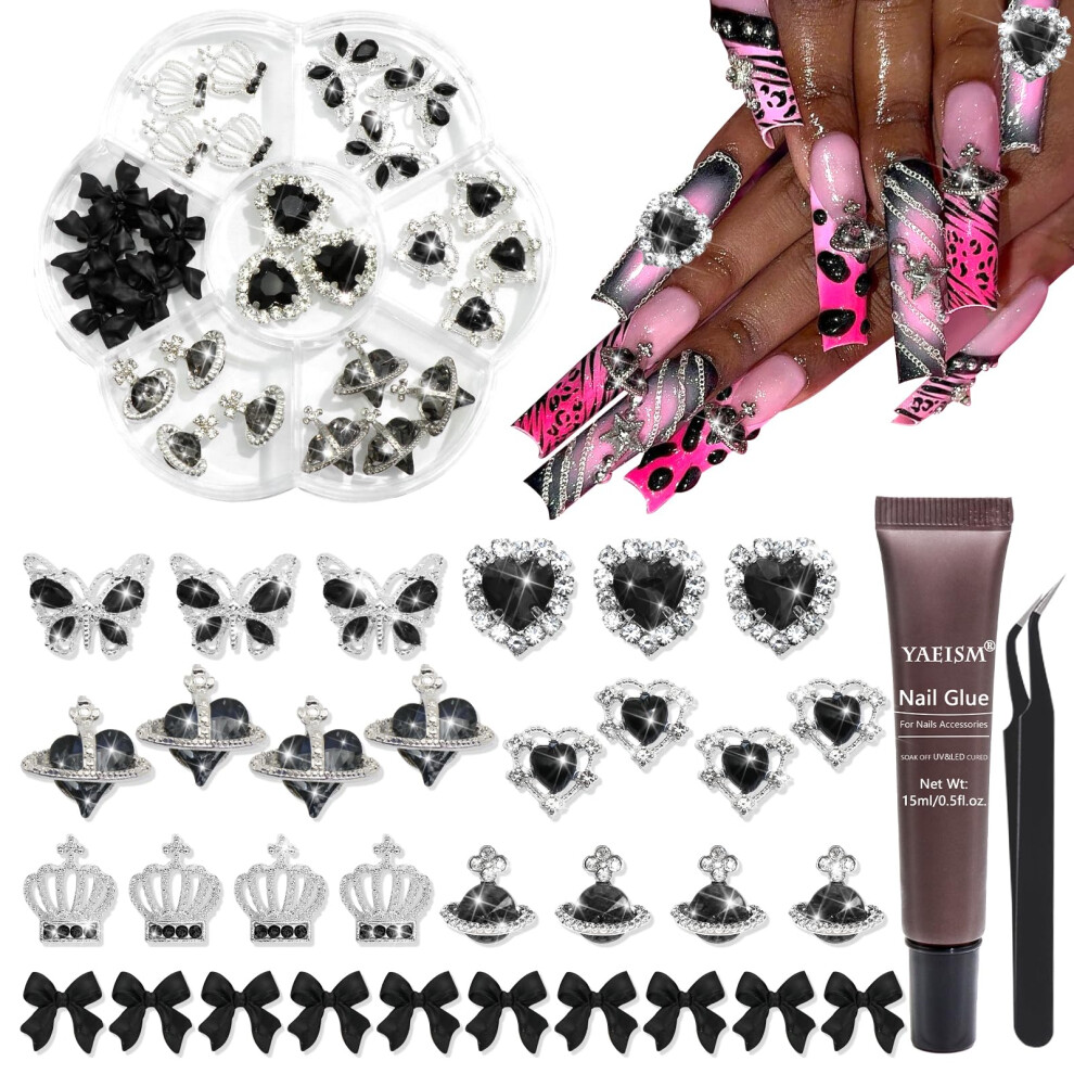 Black Nail Charms Kit With 3D Rhinestone Decorations, Glue And Tweezer For Acrylic Gel Nails