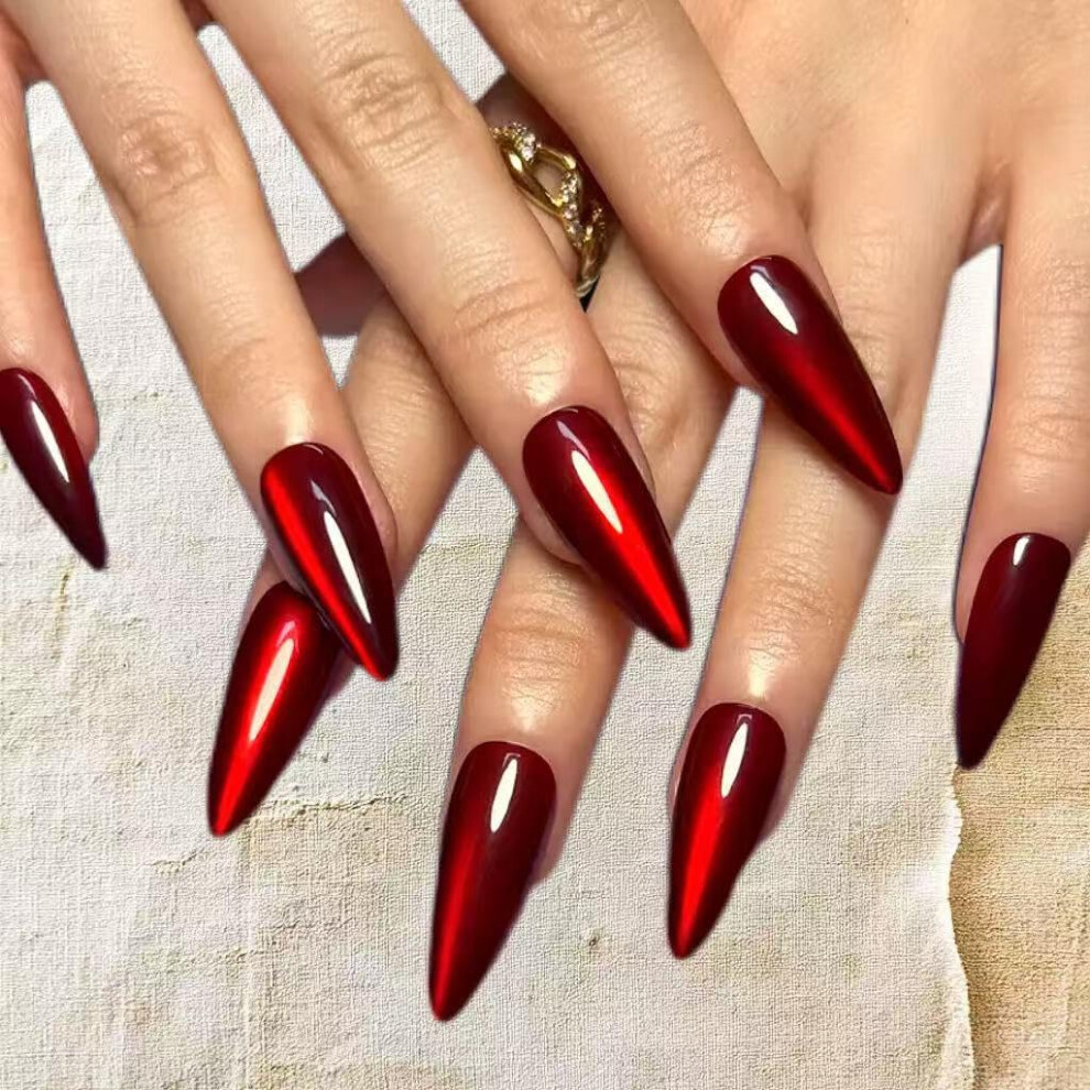Red Long Almond Press On Nails Glitter Fake Nails Reusable Full Cover For Women Manicure 24Pcs
