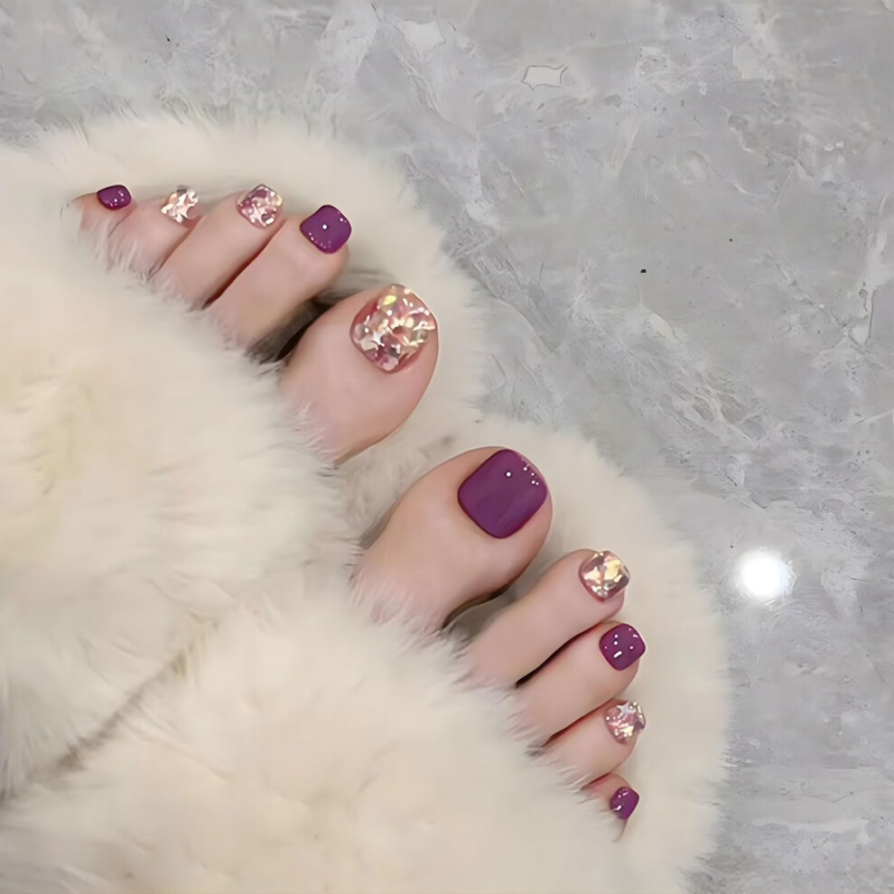 Purple Press On Toe Nails Short Square Acrylic Fake Toenails With Jelly Glue, Reusable 24Pcs
