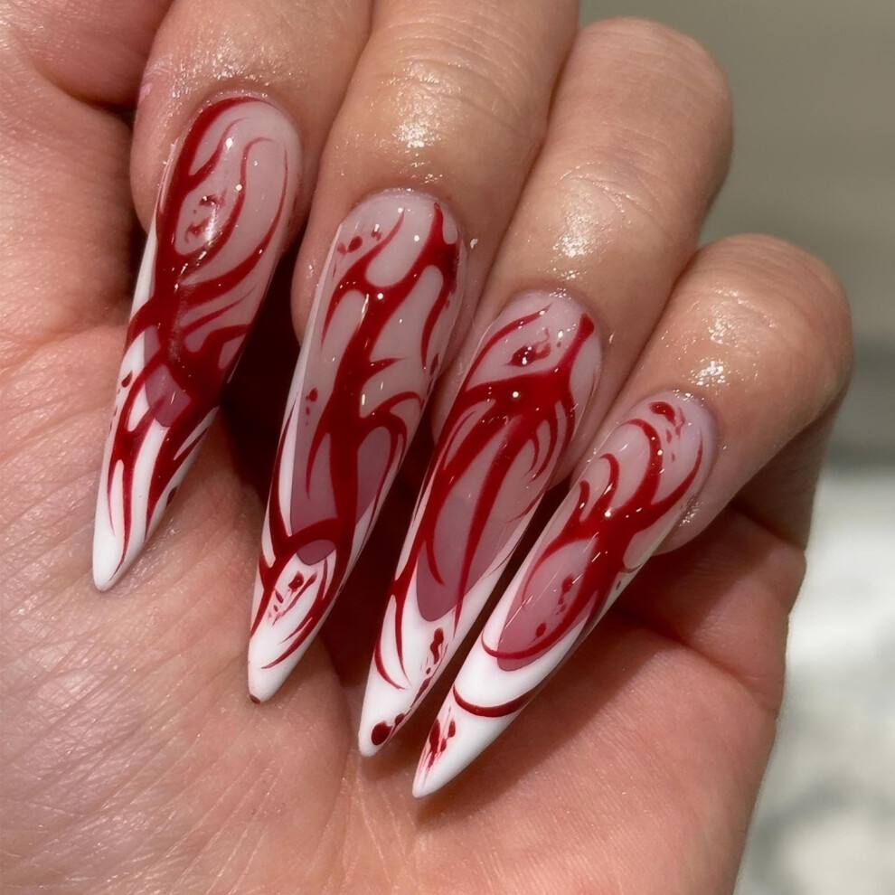 Red Press On Nails Long Almond Flame Halloween Design Glossy Acrylic False Nails Set 24Pcs