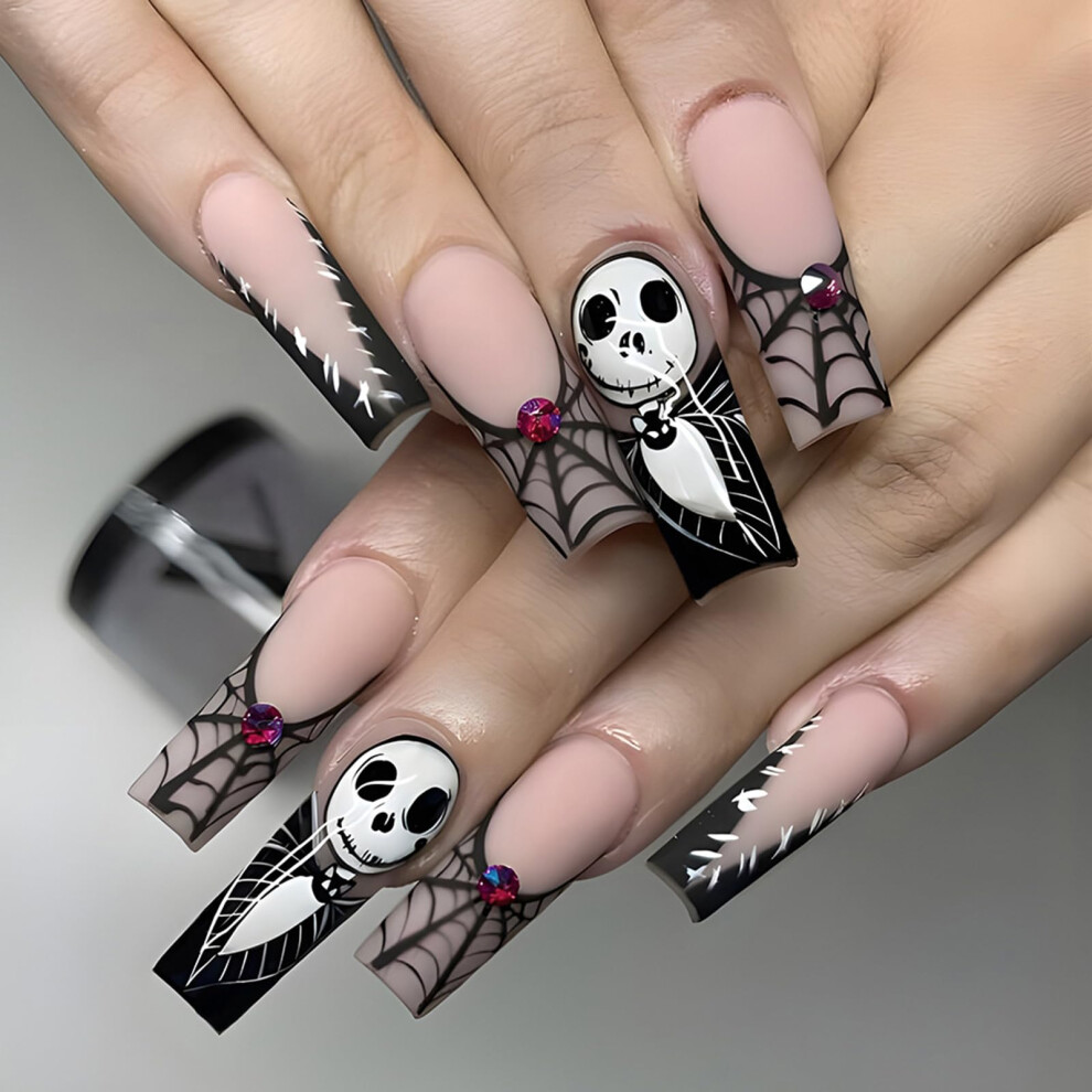 Halloween Skull Short Square Press On Toenails Reusable Fake Toenails Set with Rhinestones