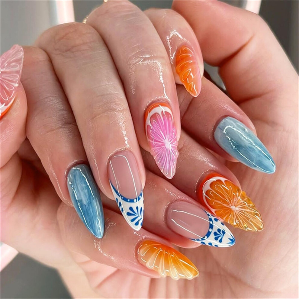Short Almond Press on Nails for Women, Colorful Fake Nails Set 24pcs with Glue and File