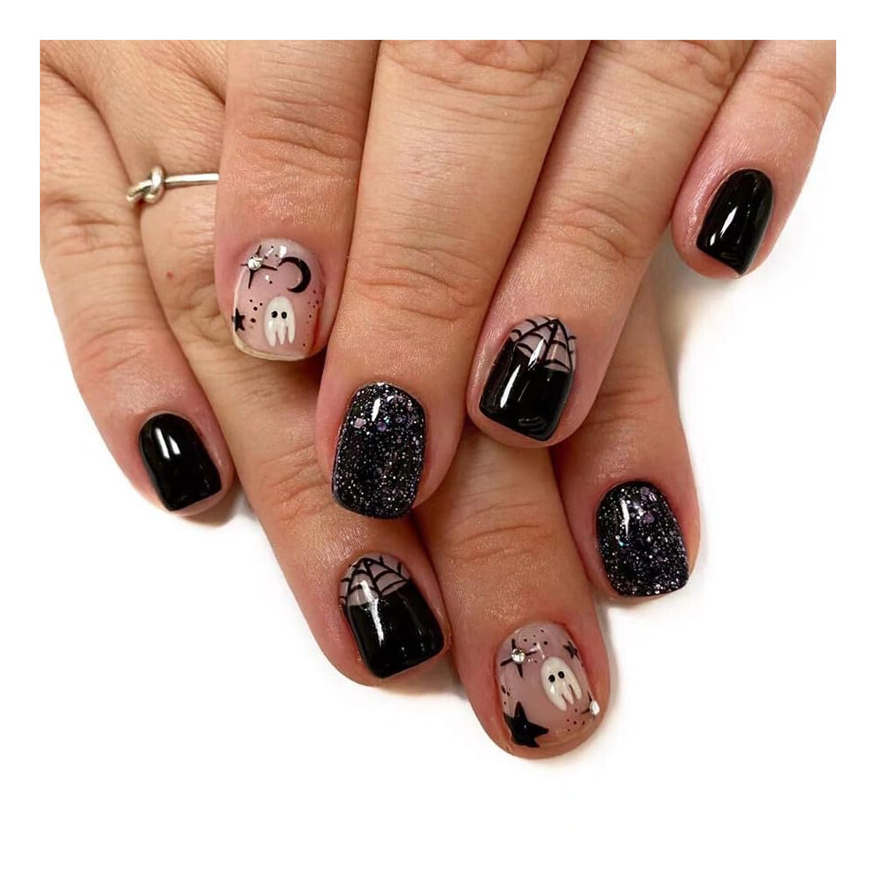 Black Halloween Press On Nails With Ghost And Cobweb Design, Glossy Acrylic False Nails, 24Pcs