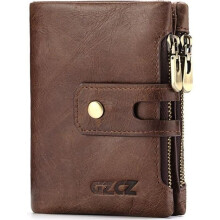 Men's 3-Fold Leather Bifold Wallet with Double Zipper Closure (Brown)