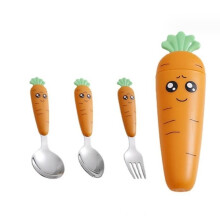 Set di posate per bambini in acciaio inossidabile da 3 pezzi, posate per bambini, forchetta e cucchiaio con 1 scatola portaoggetti per carota per bamb