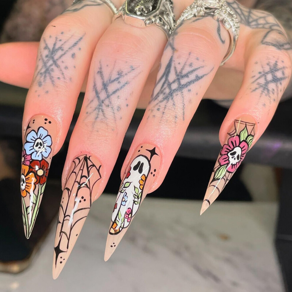 Halloween Long Almond Press On Nails Set, 24pcs Reusable ABS Fake Nails with Skull Ghost Designs