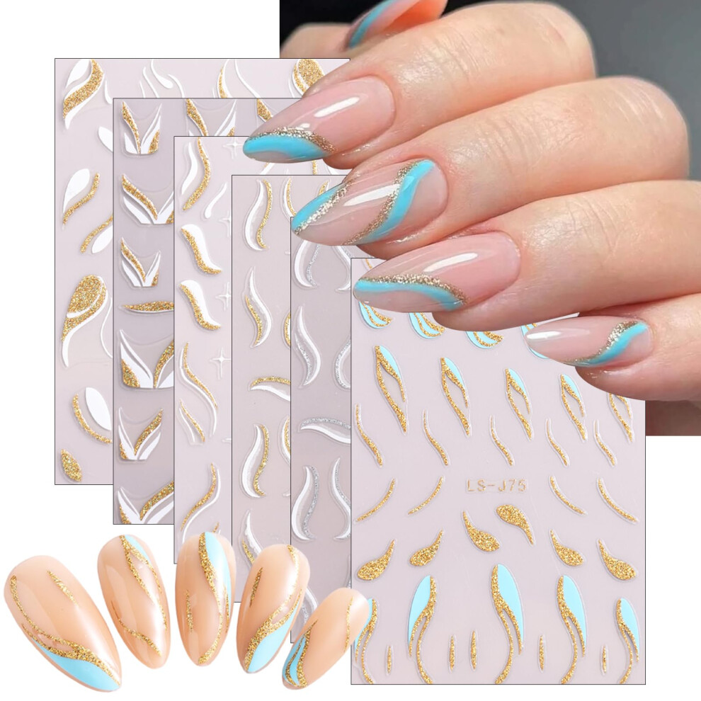 Gold 6 Sheets Glitter French Tip Nail Art Stickers Selfadhesive Curve Wave Design For Manicure