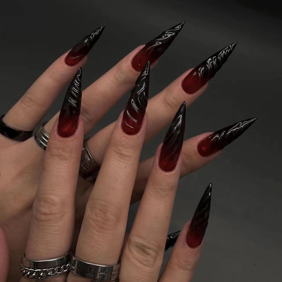 Black,Red Halloween Press On Nails Black And Red Gothic Vampire Long Stiletto Fake Nails 24Pcs Reusable