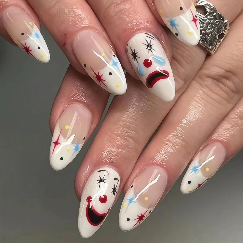 Cream Halloween Almond Shape Press On Nails With Designs, Short Nude Acrylic Fake Nails 24Pcs