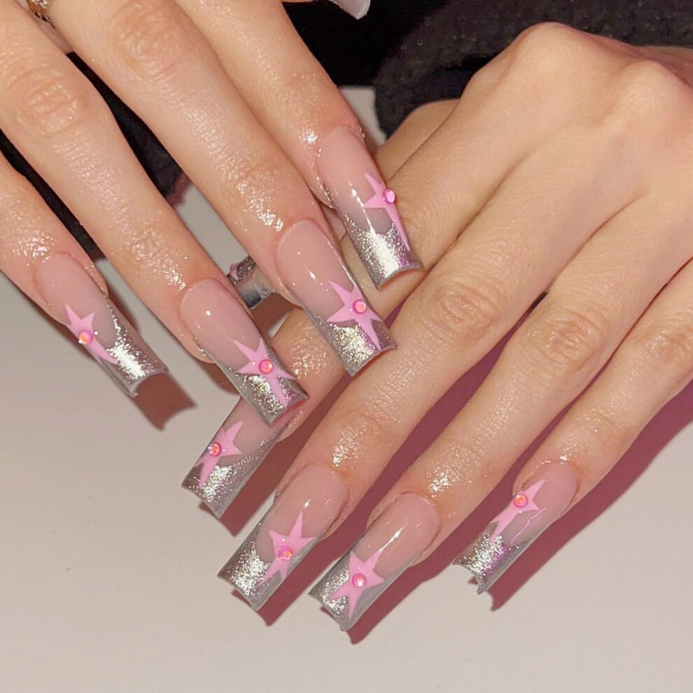 Silver Long Square Press On Nails Glitter French Tip Fake Nails With Rhinestones 24Pcs