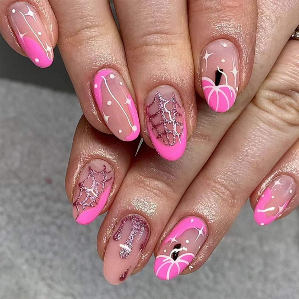 Pink Halloween Short Oval Press On Nails With Glue Glitter Fake Nails With Pumpkins For Women Girls 24Pcs