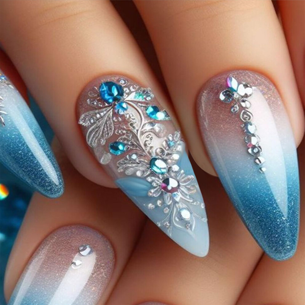 Blue French Tip Almond Press On Nails with Rhinestones, Medium Length Fake Nails with Glue, 24pcs
