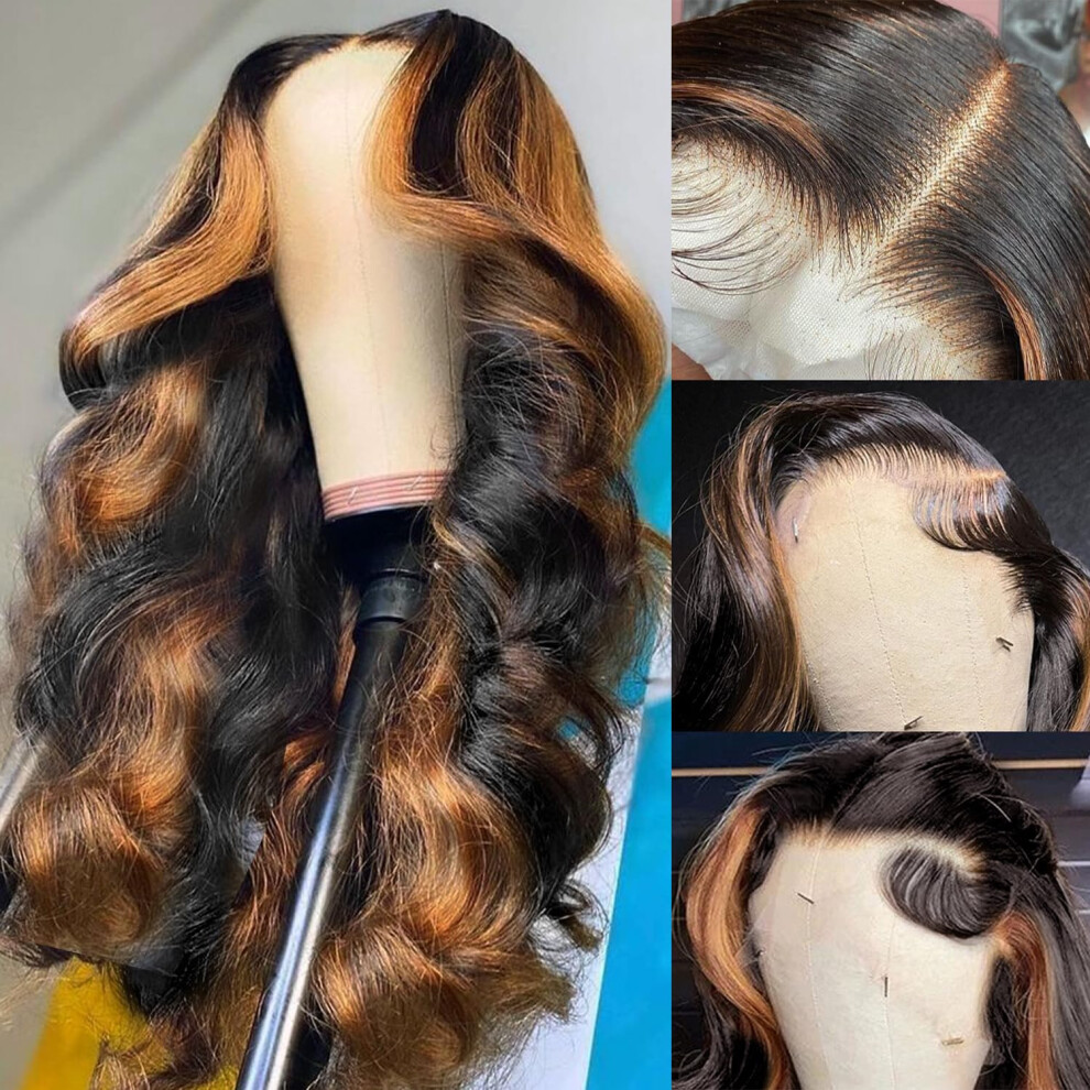 Unisex Brown 30 Inch Body Wave Lace Front Wigs Human Hair, Pre Plucked Honey 1B/30 Highlight Glueless