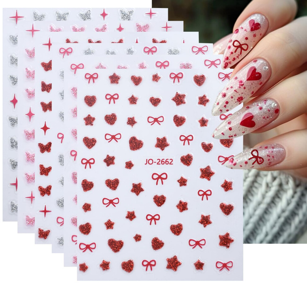 6Pcs Self Adhesive Glitter Nail Art Stickers 3D Star Heart Bow Decals Valentines Day Manicure