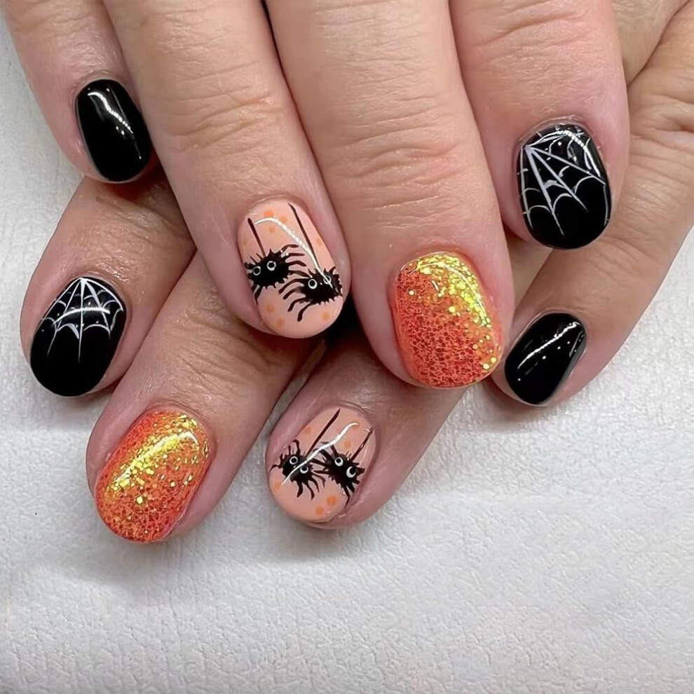 Black,Gold Halloween Press On Nails Black And Gold Glitter Spider Design Reusable Acrylic False Nails 24Pcs