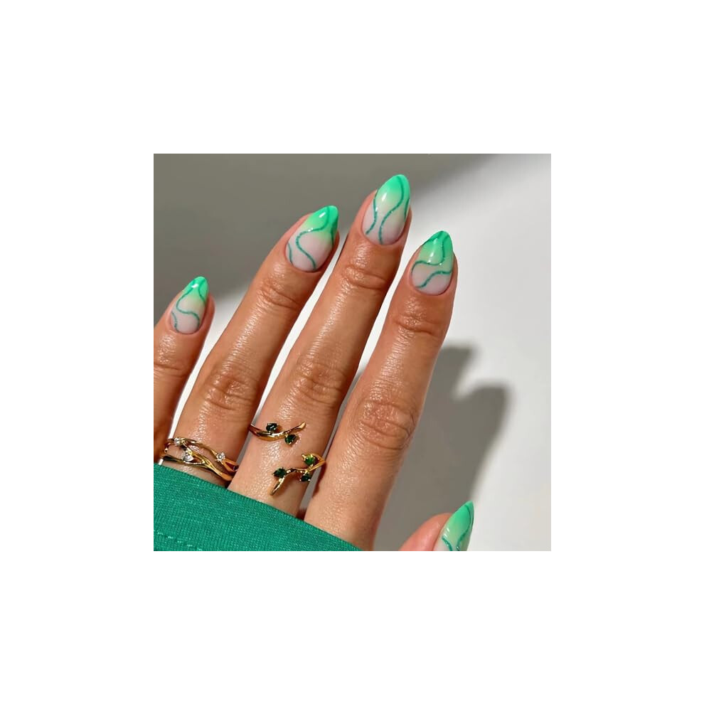 Green Ombre Glitter French Tip Press On Nails Almond Stiletto Fake Nails 24Pcs Multiple Sizes