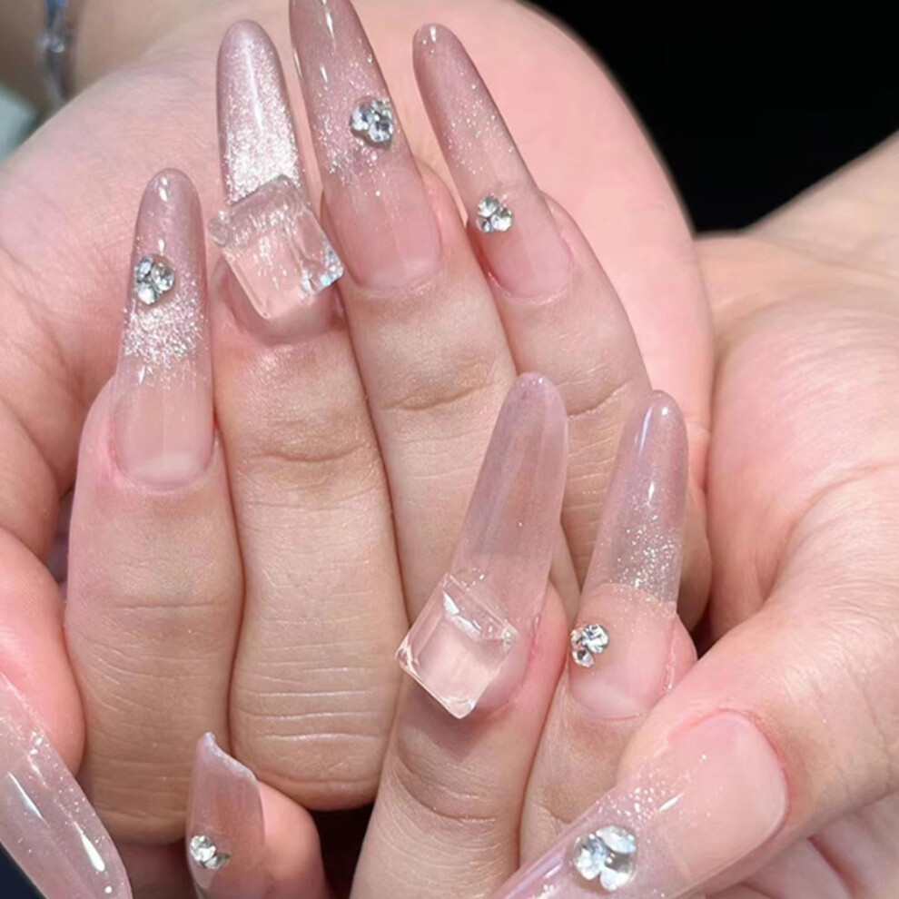 Long Almond Press on Nails Pink Cat Eye Fake Nails Bling Full Cover False Nails for Women 24PCS