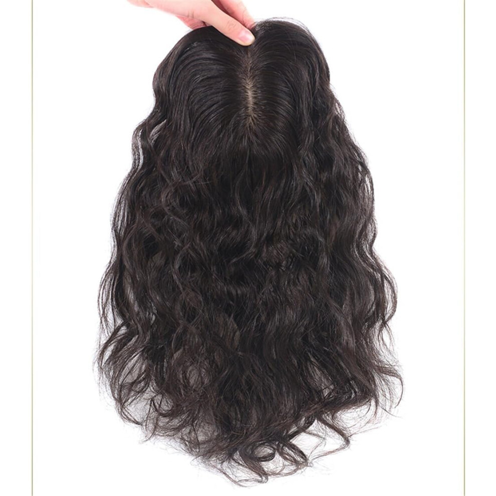 Unisex Black Off Curly Human Hair Topper 14 Inch Clip In Hairpiece For Thinning Hair With Small Base