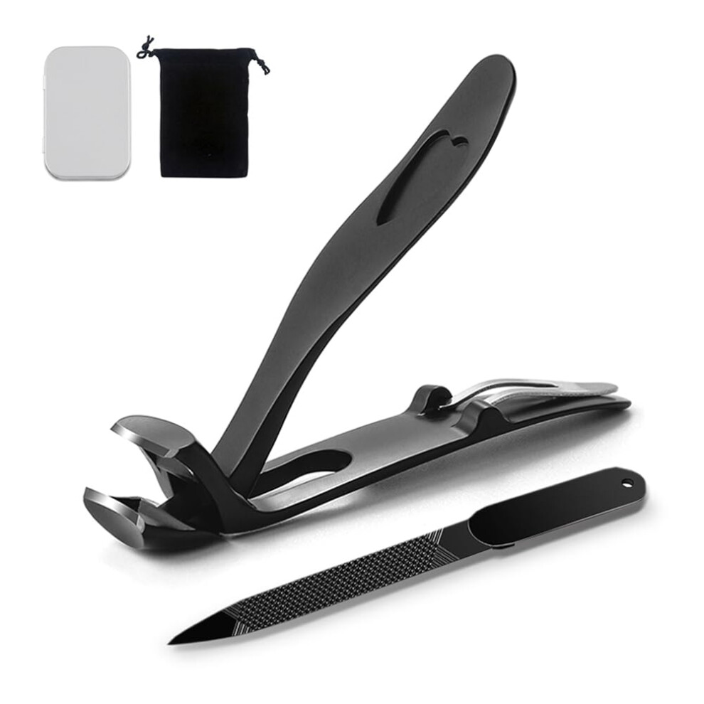 Black Wide Jaw Nail Clippers For Thick Toenails, Angled Head Stainless Steel Trimmer With Catcher