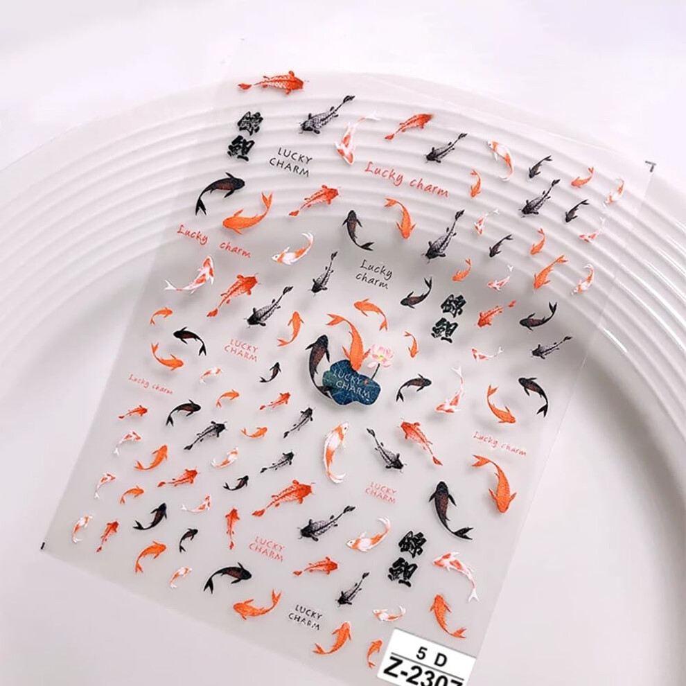 5D Koi Fish Nail Art Stickers with Embossed Texture, Marine Theme Aquarium Design, LongLasting