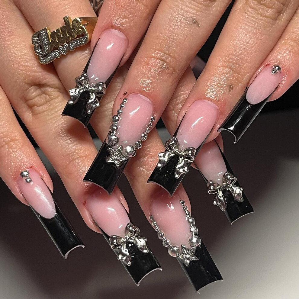 Black French Tip Press on Nails Long Coffin Fake Nails with 3D Bow Charms and Rhinestones 24Pcs