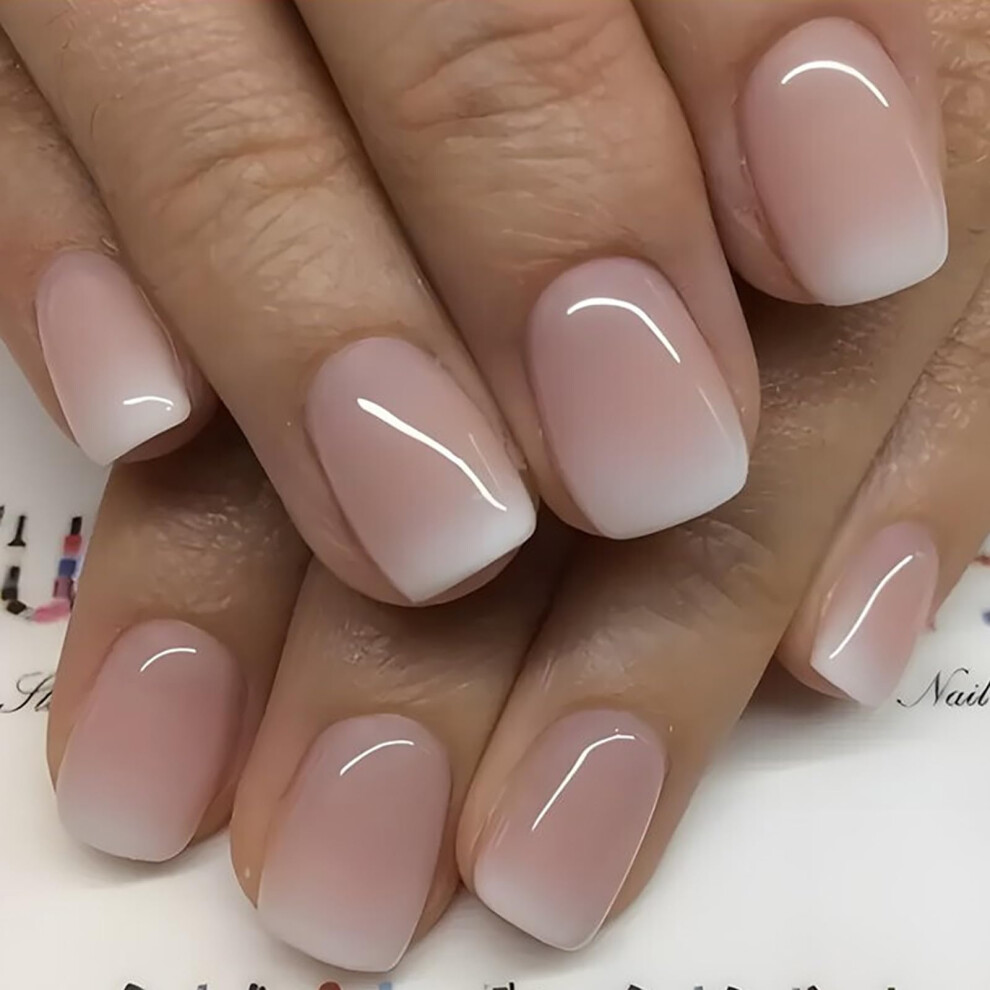 Pink,White Short Square Press On Nails Pink And White Gradient Fake Nails Glossy Glue On Set 24Pcs