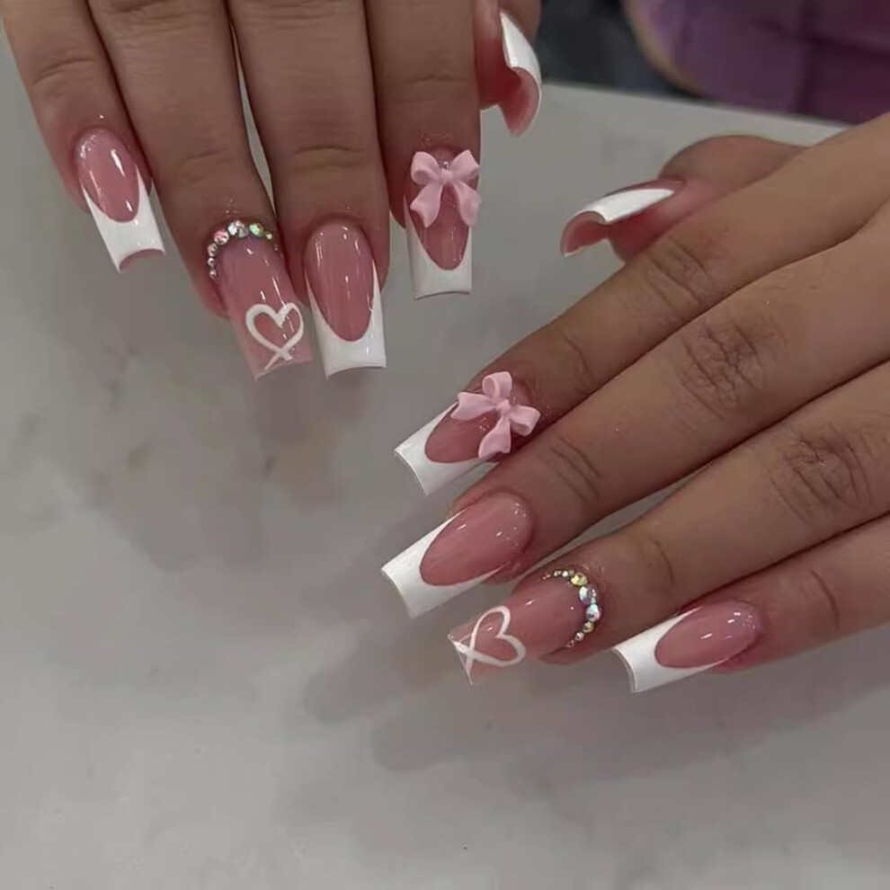 Pink Coffin Press On Nails with Bow Heart Design, French Tip, Reusable Acrylic Set for Women 24 Pcs