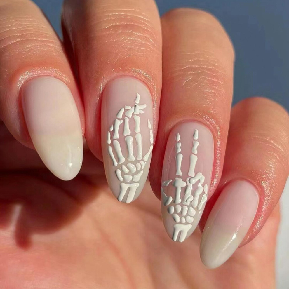 Halloween Skull Press on Nails Almond Shape Nude White Fake Nails Reusable Salon Quality Kit
