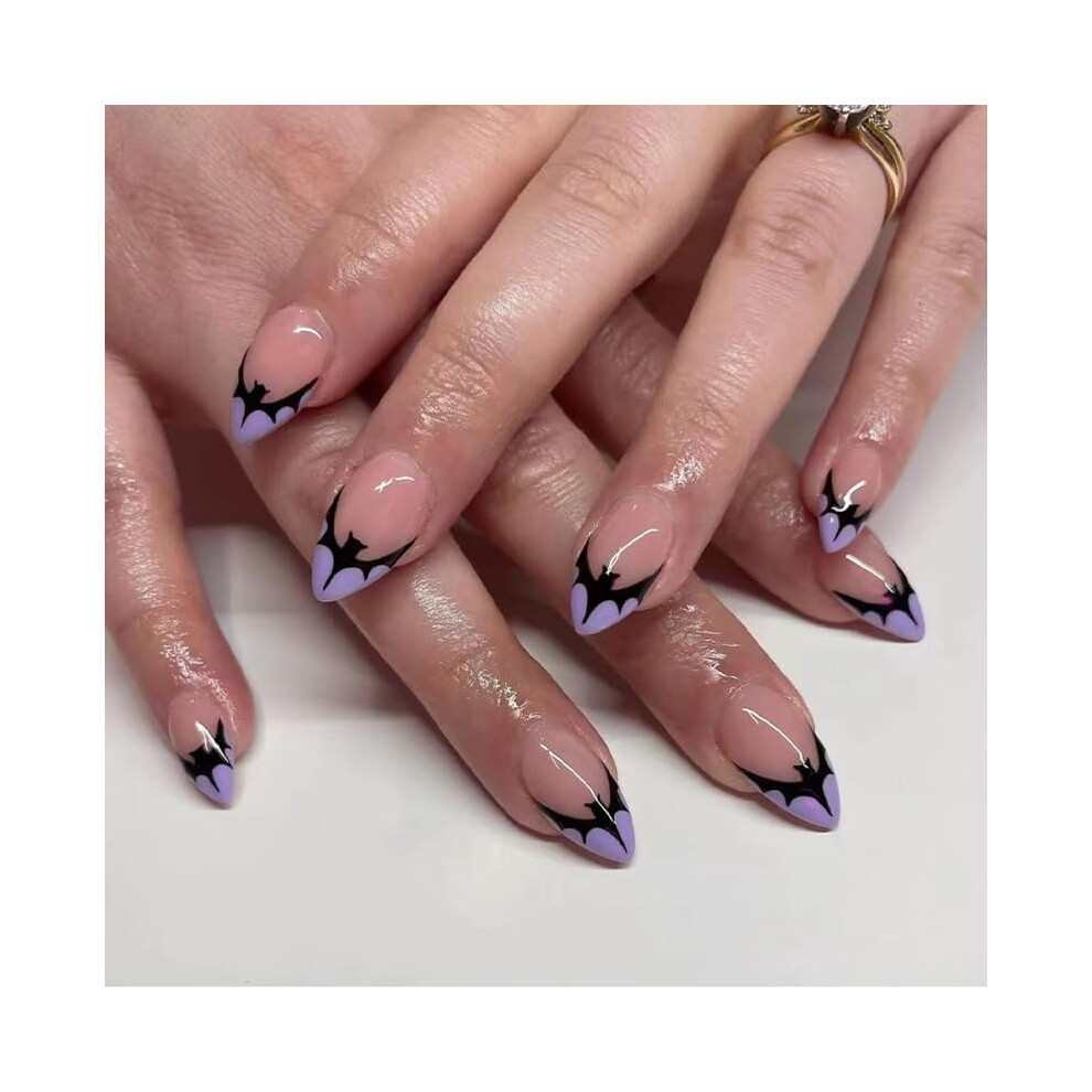 Halloween Almond Press on Nails with Purple French Tips, Reusable Acrylic Fake Nails, Salon Quality