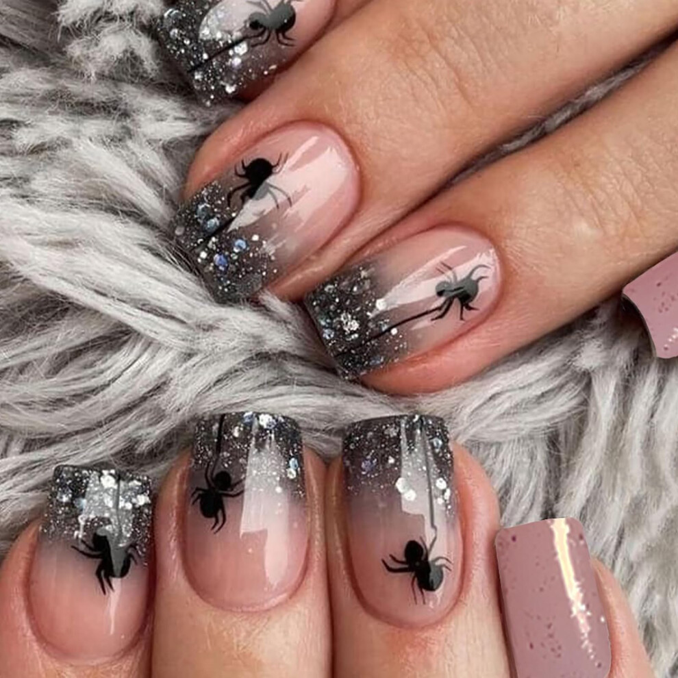 Black Halloween Press On Nails Gradient Spider Design Medium Square Glitter False Nails 24Pcs