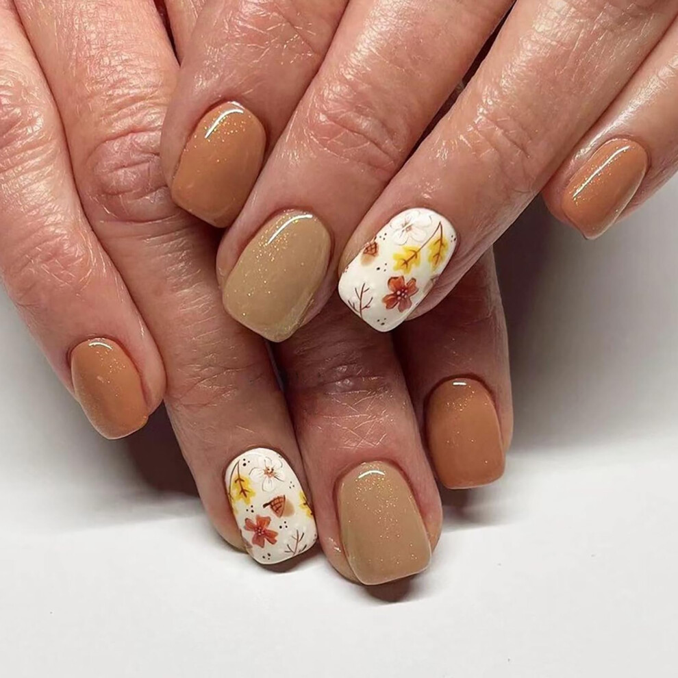 Press on Nails Short Square Fall Maple Leaves Fake Nails Glossy Acrylic Glue on Nails Set 24 Pcs