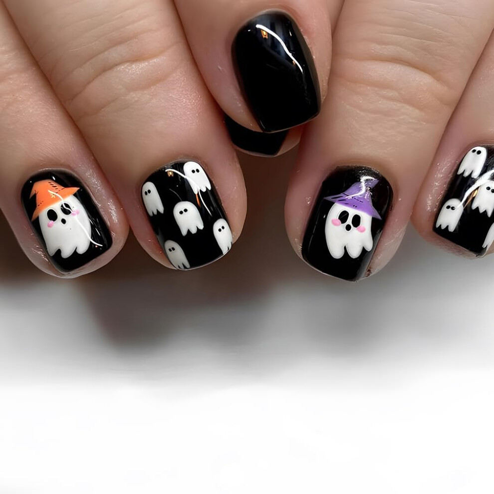 Black 24Pcs Halloween Press On Nails With Ghost Designs Short Square Fake Nails For Women