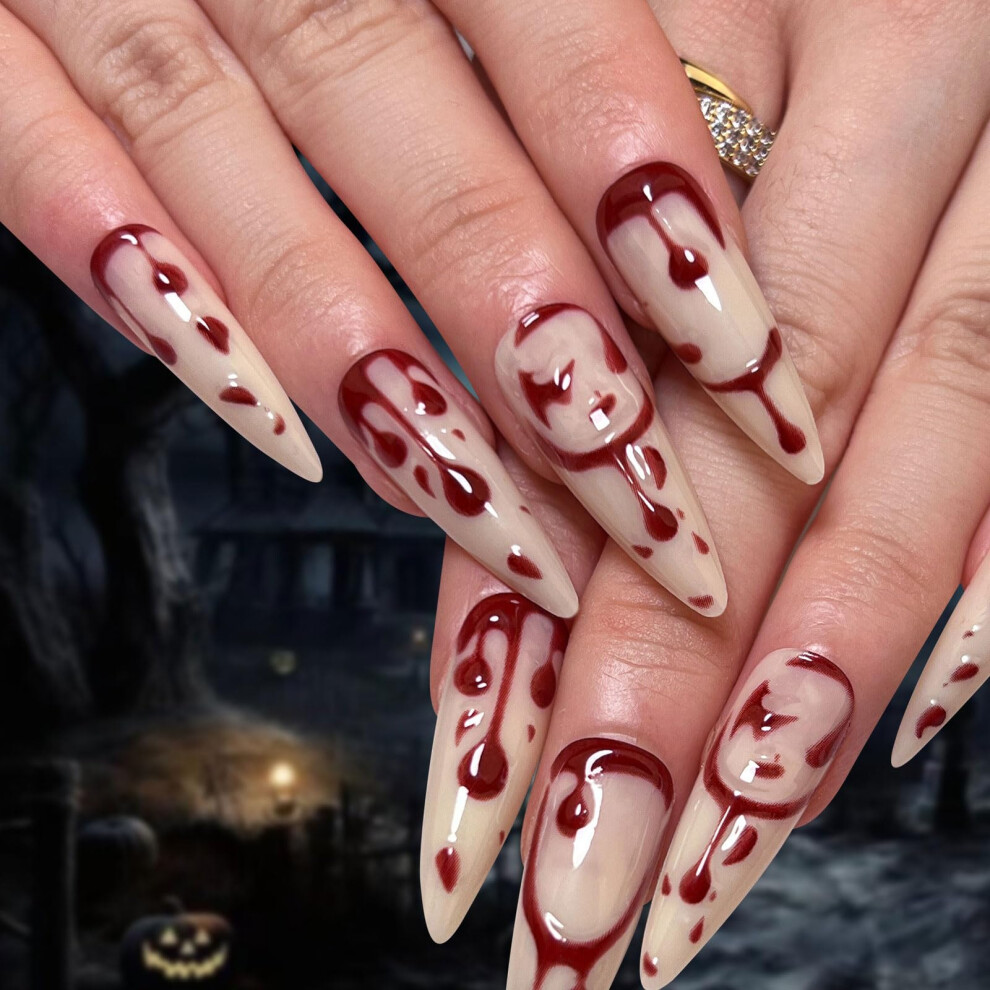Halloween Press On Nails Medium Almond Glossy Fake Acrylic Nails with Blood Stain Design Full Cover 24Pcs