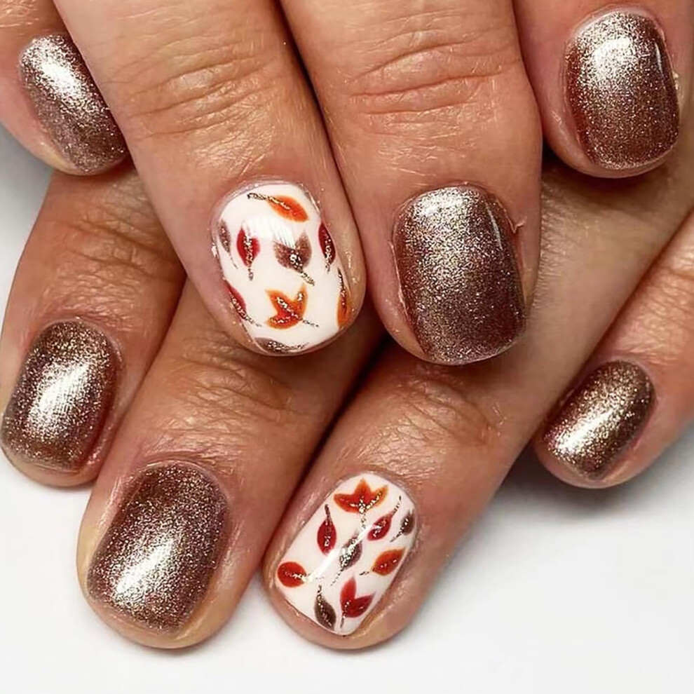 Short Square Press On Nails with Fall Maple Leaf Glitter, Reusable Acrylic False Nails for Autumn Winter