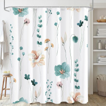 Perdea de duș cu imprimeu floral în acuarelă, 72x72, perdea de baie cu flori bej-turcoaz, material textil modern, minimalist, alb, impermeabil, cu