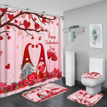 Juego de cortina de ducha de 4 piezas para el Día de San Valentín de Aosijia: corazones enamorados y un lindo gnomo, tela impermeable, con ganchos,