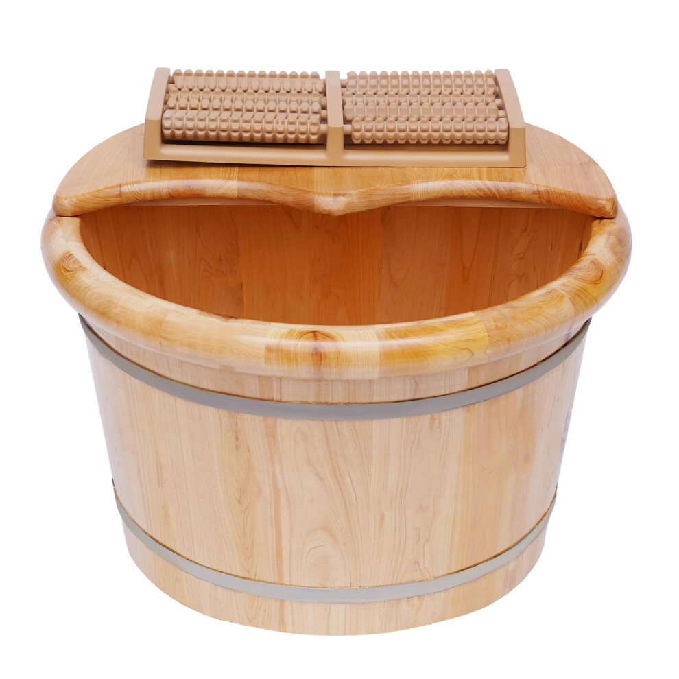 Cedar Wood Foot Bath Bucket with Heat Retention Lid and Massage Roller for Home Spa Soak