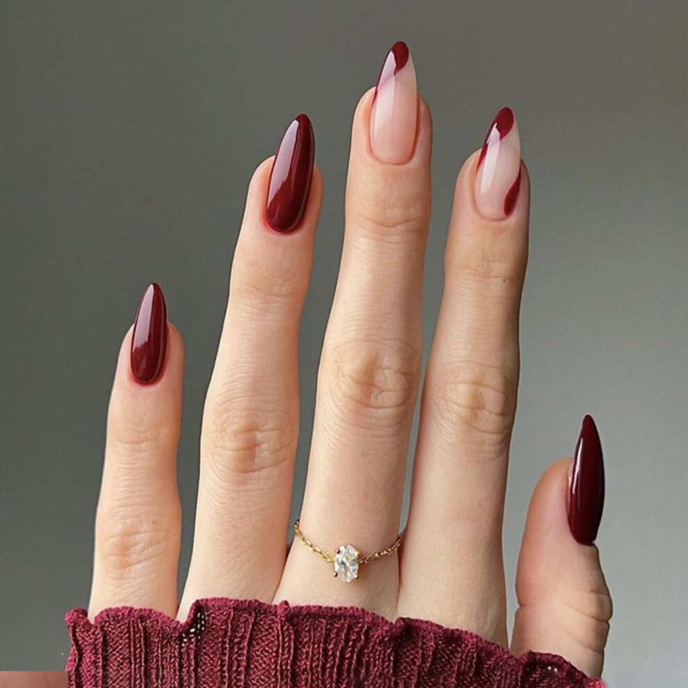 Red 24 Pcs Short Almond Press On Nails Â French Tip Fake Nails Glossy Acrylic Reusable Set