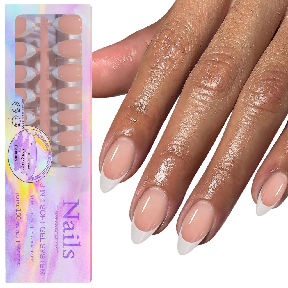 French Gel Nail Tips 150 Pcs Short Almond Press On Nails with Base Coat and Strong Glue Grip